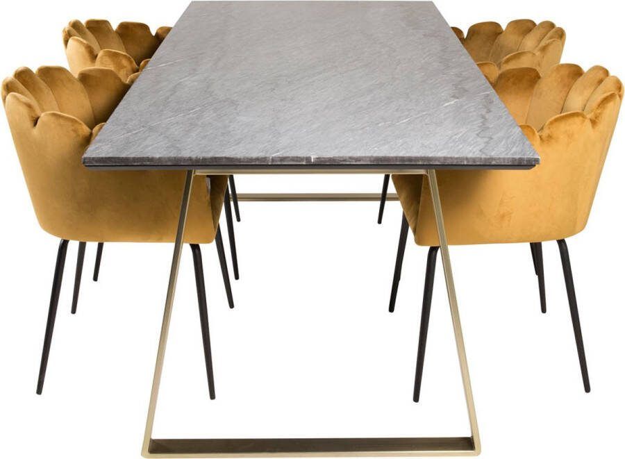 Hioshop EstelleBLBR eethoek eetkamertafel zwart marmer en 4 Limhamn eetkamerstal velours geel.