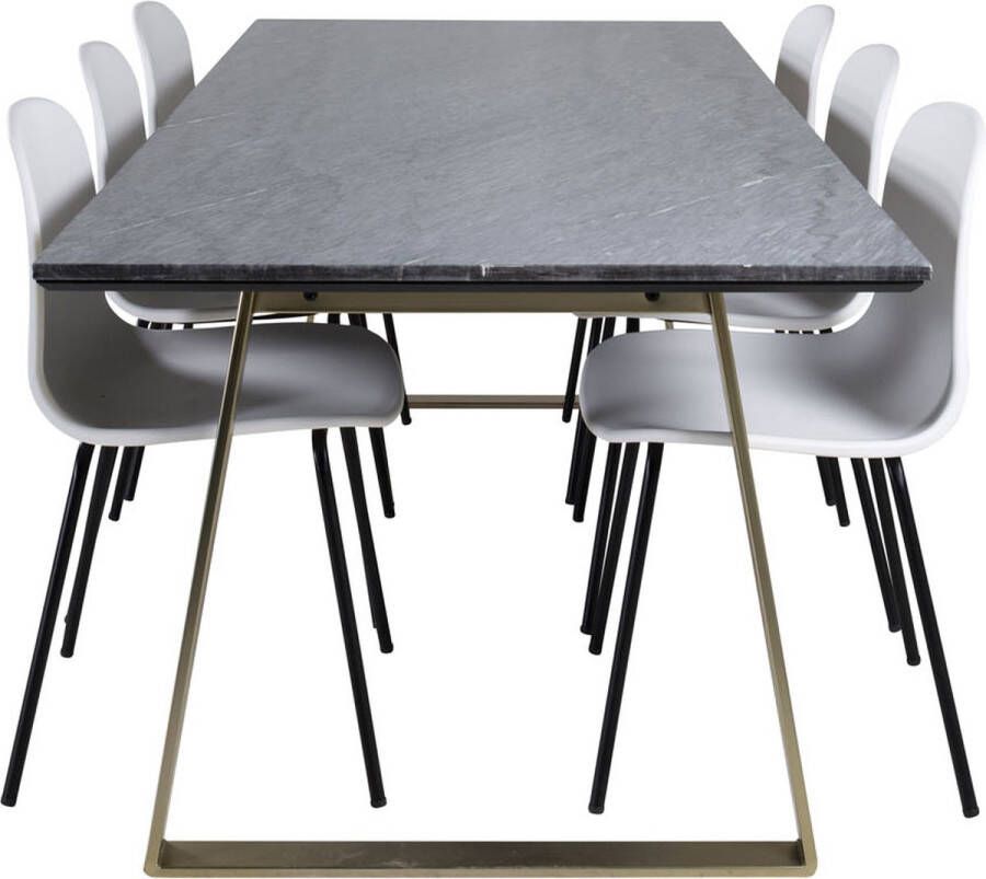 Hioshop EstelleBLBR eethoek eetkamertafel zwart marmer en 6 Arctic eetkamerstal wit zwart.