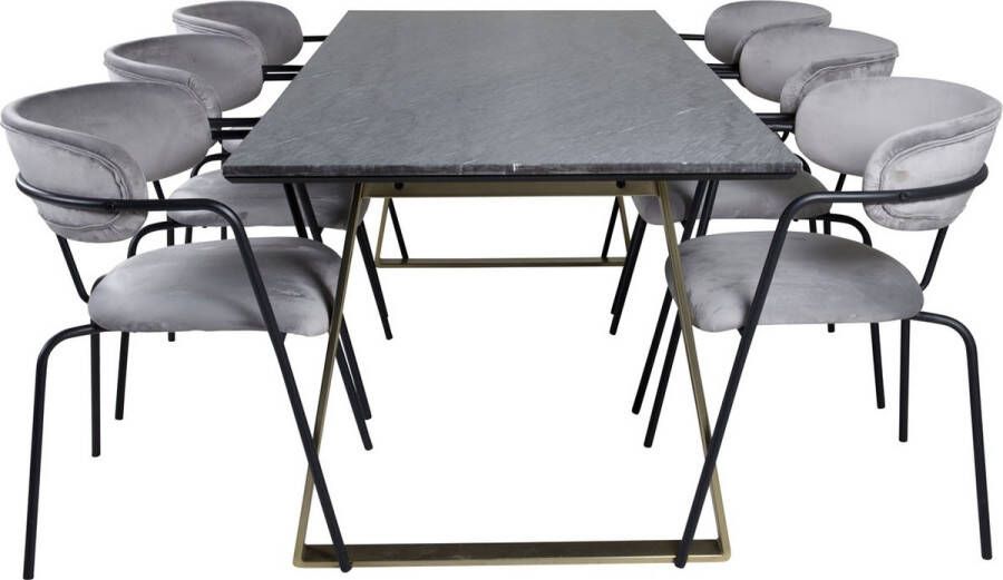 Hioshop EstelleBLBR eethoek eetkamertafel zwart marmer en 6 Arrow eetkamerstal velours grijs.