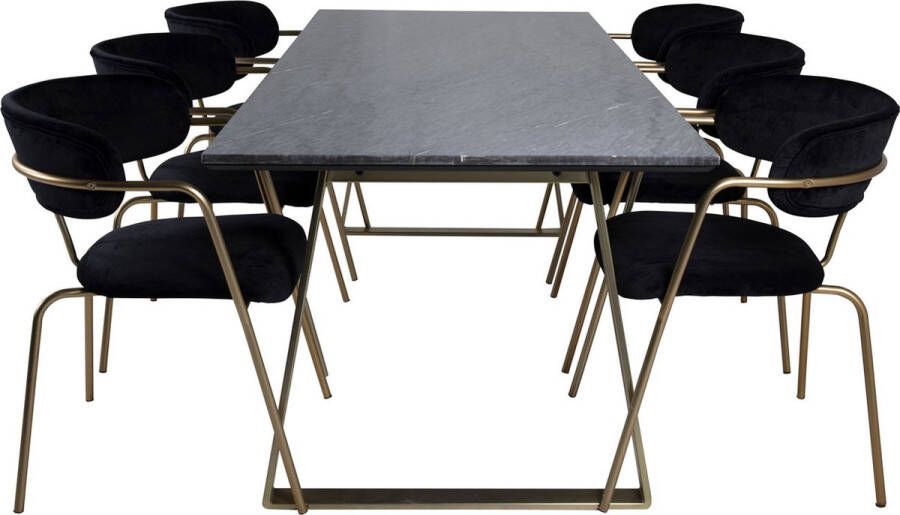 Hioshop EstelleBLBR eethoek eetkamertafel zwart marmer en 6 Arrow eetkamerstal velours zwart.