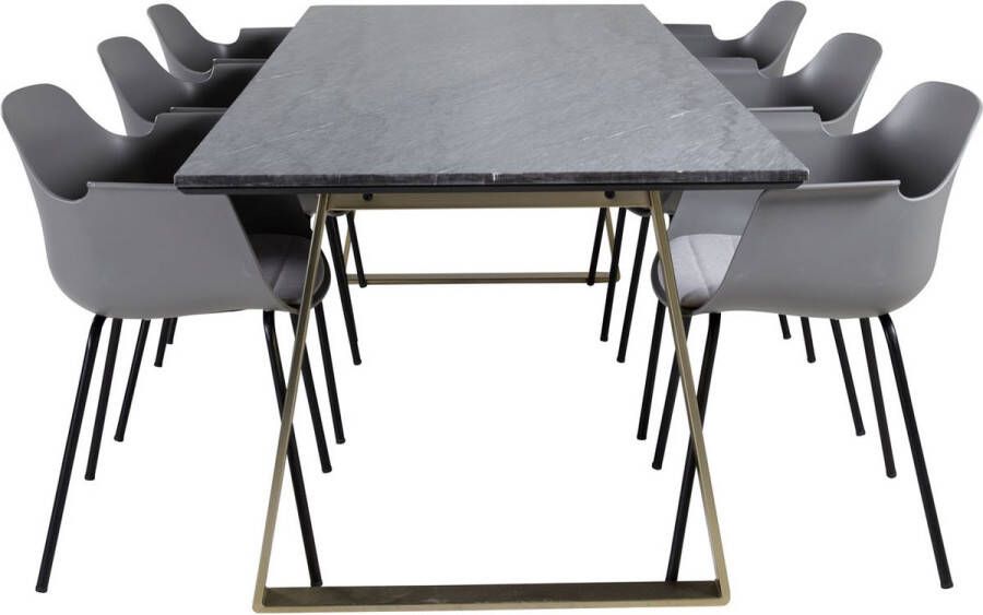 Hioshop EstelleBLBR eethoek eetkamertafel zwart marmer en 6 Comfort eetkamerstal grijs.