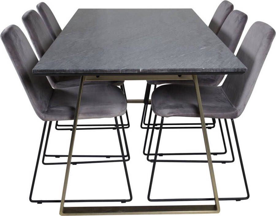 Hioshop EstelleBLBR eethoek eetkamertafel zwart marmer en 6 Muce eetkamerstal velours grijs.