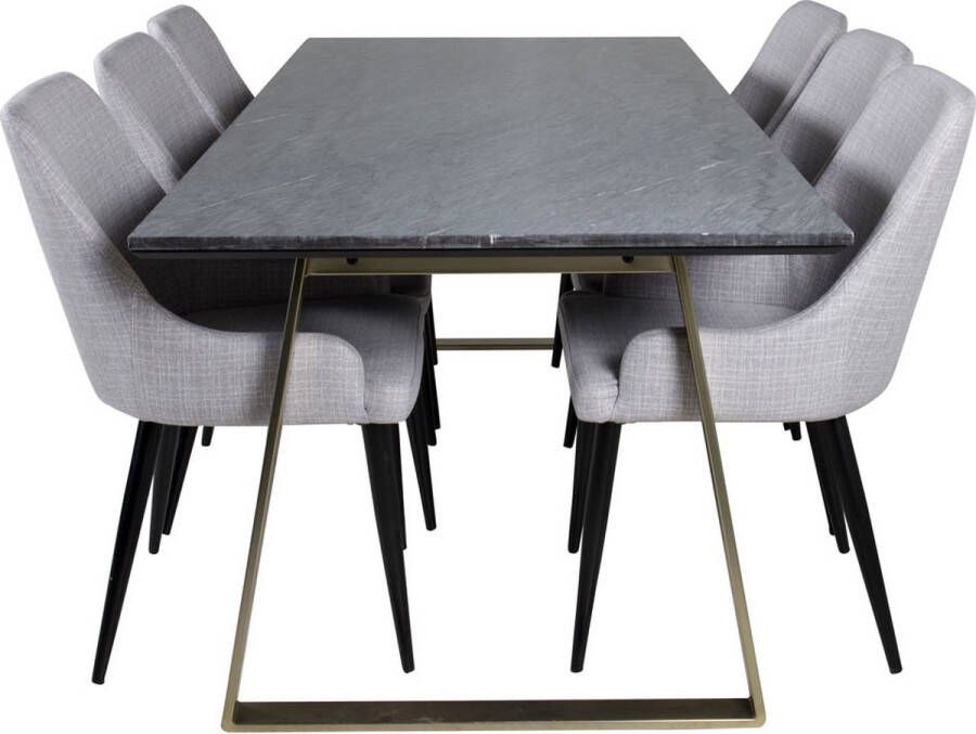 Hioshop EstelleBLBR eethoek eetkamertafel zwart marmer en 6 Plaza eetkamerstal lichtgrijs zwart.