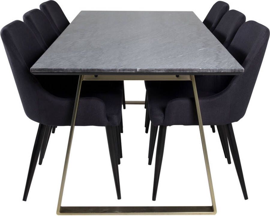 Hioshop EstelleBLBR eethoek eetkamertafel zwart marmer en 6 Plaza eetkamerstal zwart.