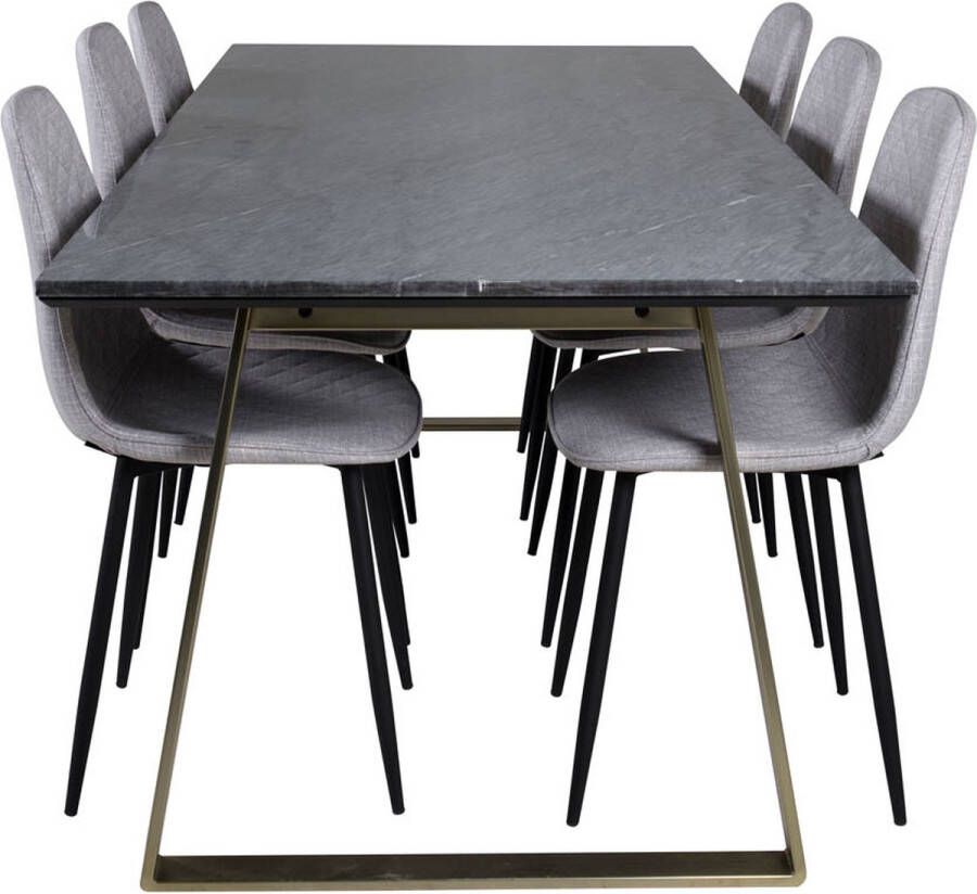Hioshop EstelleBLBR eethoek eetkamertafel zwart marmer en 6 Polar Diamond eetkamerstal grijs.