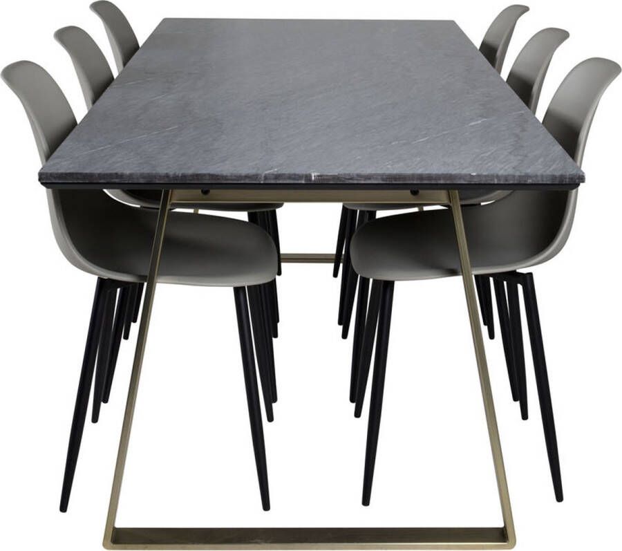 Hioshop EstelleBLBR eethoek eetkamertafel zwart marmer en 6 Polar eetkamerstal grijs.