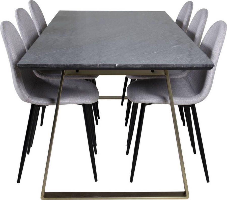 Hioshop EstelleBLBR eethoek eetkamertafel zwart marmer en 6 Polar eetkamerstal lichtgrijs.