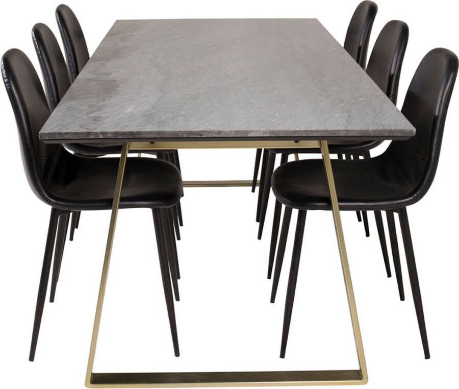 Hioshop EstelleBLBR eethoek eetkamertafel zwart marmer en 6 Polar eetkamerstal PU kunstleer zwart PU kunstleer.