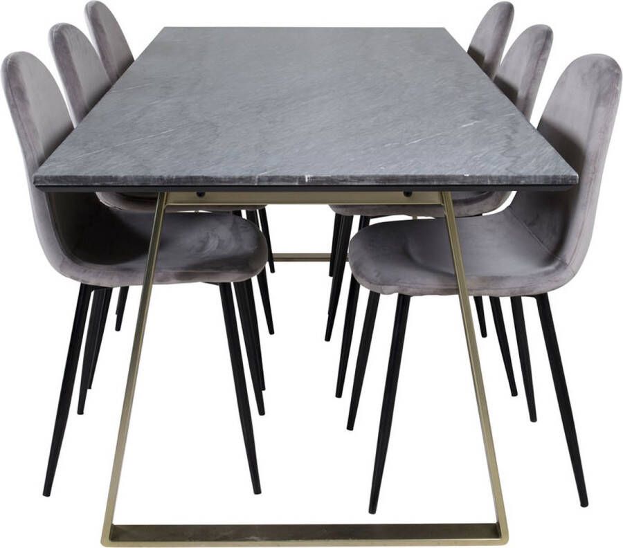 Hioshop EstelleBLBR eethoek eetkamertafel zwart marmer en 6 Polar eetkamerstal velours grijs.