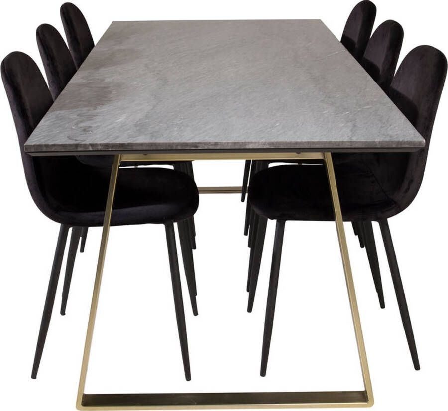 Hioshop EstelleBLBR eethoek eetkamertafel zwart marmer en 6 Polar eetkamerstal velours zwart.