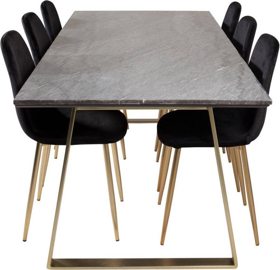 Hioshop EstelleBLBR eethoek eetkamertafel zwart marmer en 6 Polar eetkamerstal velours zwart messing decor.