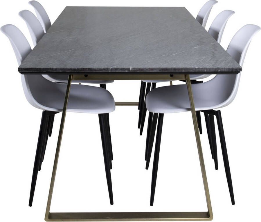 Hioshop EstelleBLBR eethoek eetkamertafel zwart marmer en 6 Polar eetkamerstal wit.