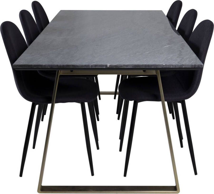 Hioshop EstelleBLBR eethoek eetkamertafel zwart marmer en 6 Polar eetkamerstal zwart.