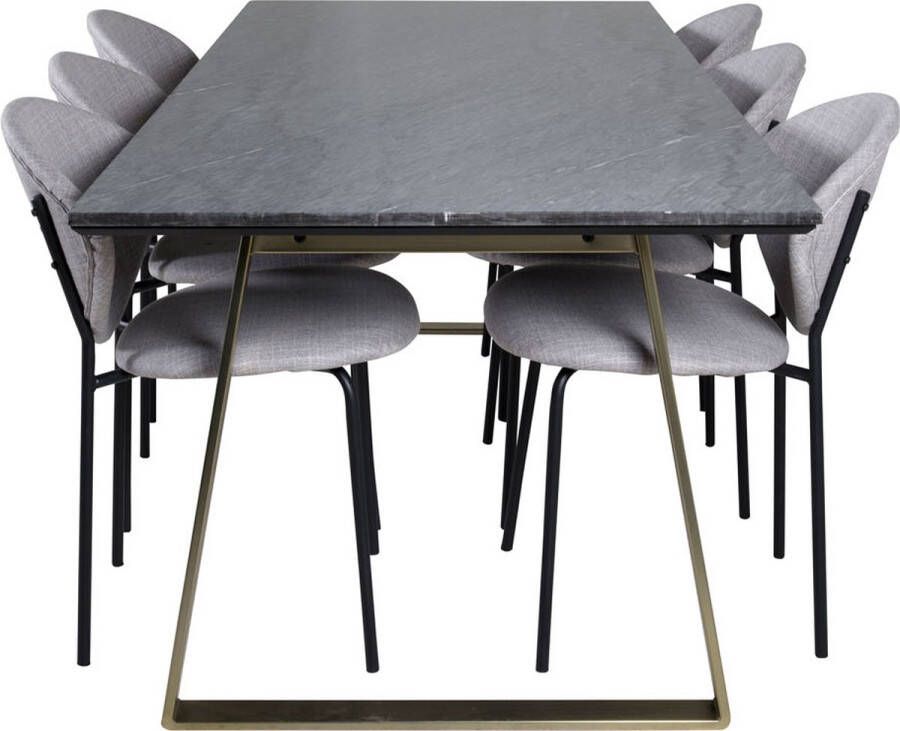 Hioshop EstelleBLBR eethoek eetkamertafel zwart marmer en 6 Vault eetkamerstal grijs.
