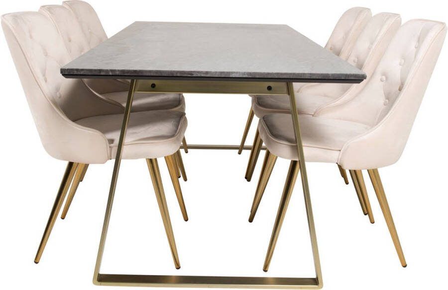 Hioshop EstelleBLBR eethoek eetkamertafel zwart marmer en 6 Velvet Deluxe eetkamerstal velours beige messing decor.