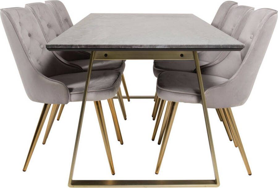 Hioshop EstelleBLBR eethoek eetkamertafel zwart marmer en 6 Velvet Deluxe eetkamerstal velours lichtgrijs messing decor.