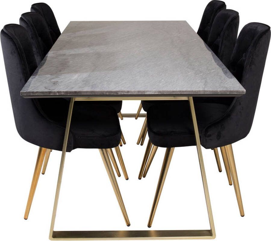 Hioshop EstelleBLBR eethoek eetkamertafel zwart marmer en 6 Velvet Deluxe eetkamerstal velours zwart.