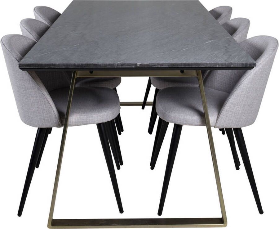 Hioshop EstelleBLBR eethoek eetkamertafel zwart marmer en 6 Velvet eetkamerstal lichtgrijs zwart.