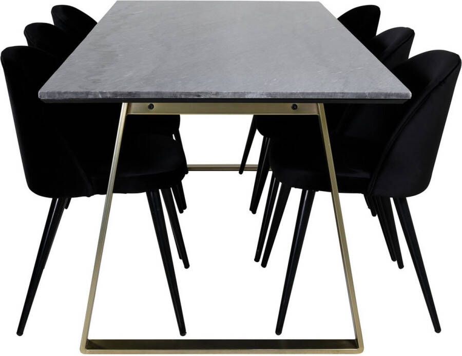 Hioshop EstelleBLBR eethoek eetkamertafel zwart marmer en 6 Velvet eetkamerstal velours zwart.