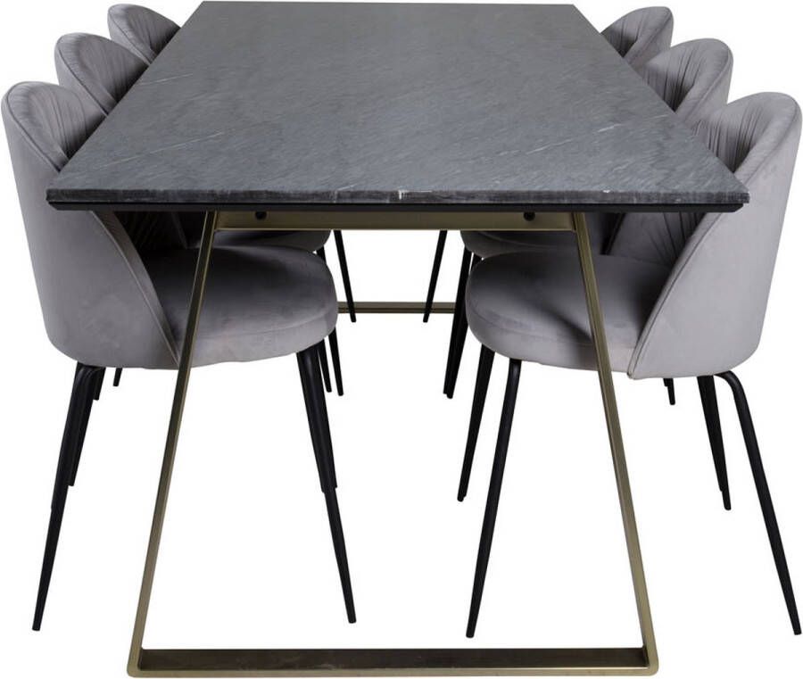 Hioshop EstelleBLBR eethoek eetkamertafel zwart marmer en 6 Wrinkles eetkamerstal grijs.