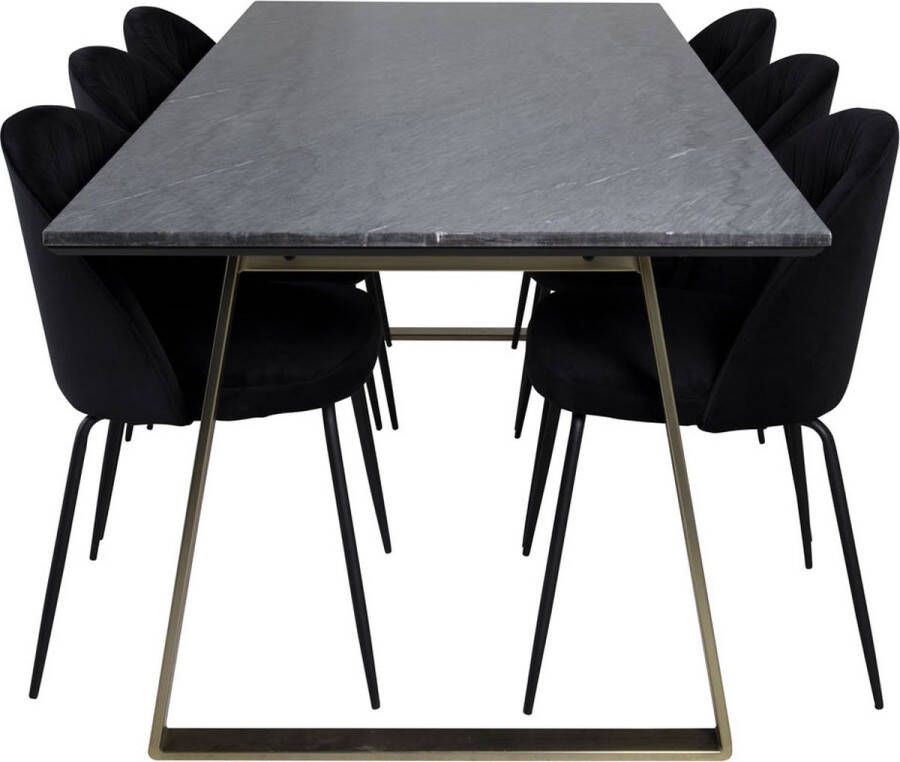 Hioshop EstelleBLBR eethoek eetkamertafel zwart marmer en 6 Wrinkles eetkamerstal velours zwart.
