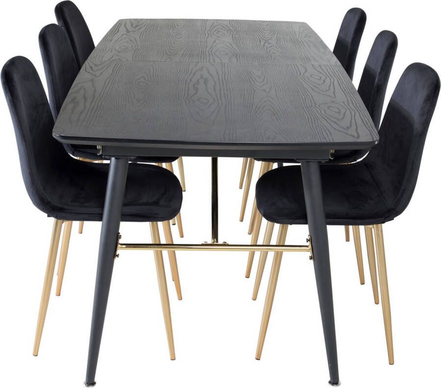 Hioshop Gold eethoek eetkamertafel uitschuifbare tafel lengte cm 180 220 zwart en 6 Polar eetkamerstal velours zwart.