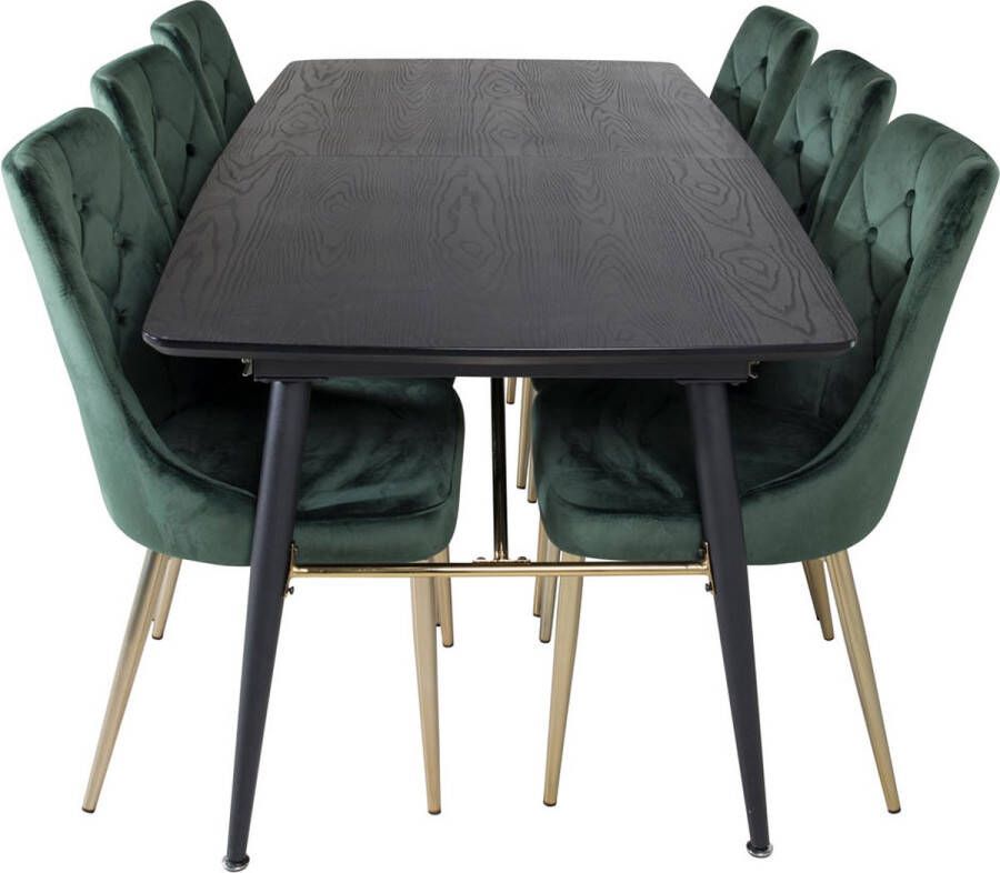 Hioshop Gold eethoek eetkamertafel uitschuifbare tafel lengte cm 180 220 zwart en 6 Velvet Deluxe eetkamerstal velours zwart.