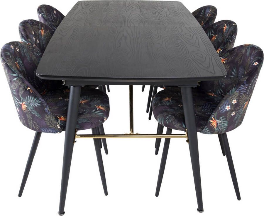 Hioshop Gold eethoek eetkamertafel uitschuifbare tafel lengte cm 180 220 zwart en 6 Velvet eetkamerstal velours groente zwart