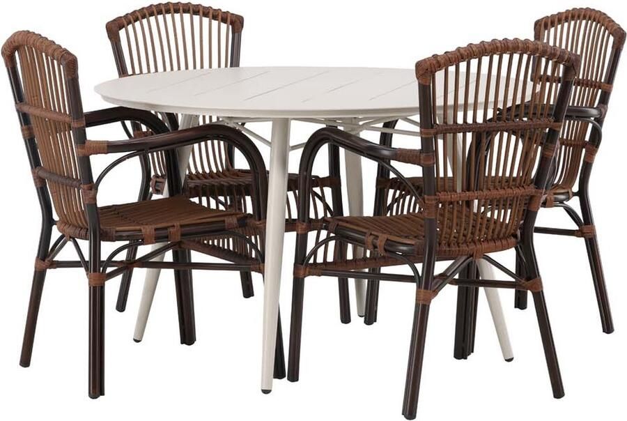 Hioshop Lina tuinmeubelset tafel Ø120cm beige 4 stoelen Galera bruin