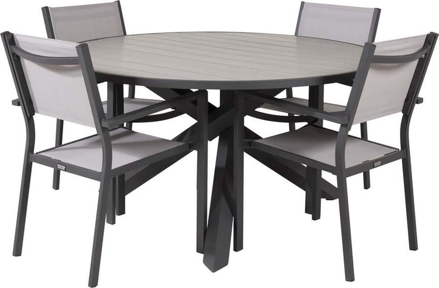 Hioshop Parma tuinmeubelset tafel Ø140cm donkergrijs 4 stoelen Copacabana grijs