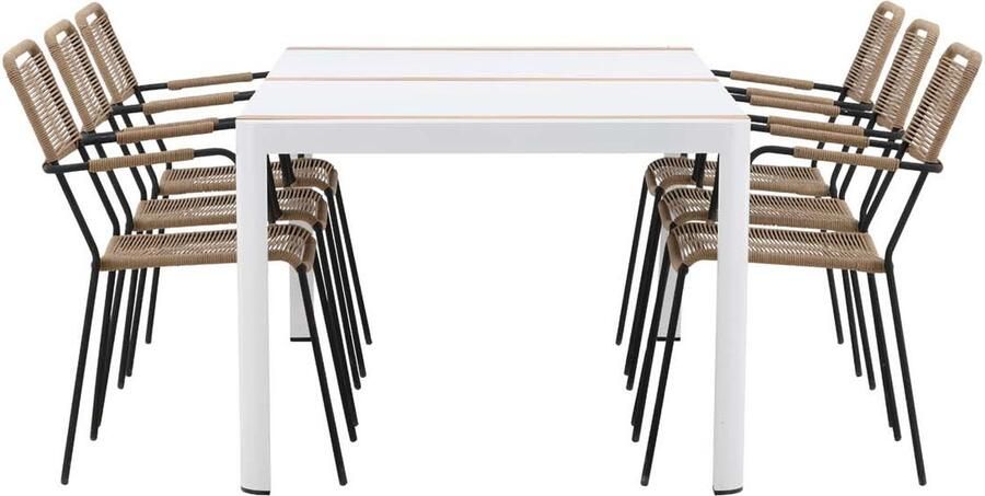 Hioshop Togo tuinmeubelset tafel 100x200cm wit 6 stoelen Lindos bruin