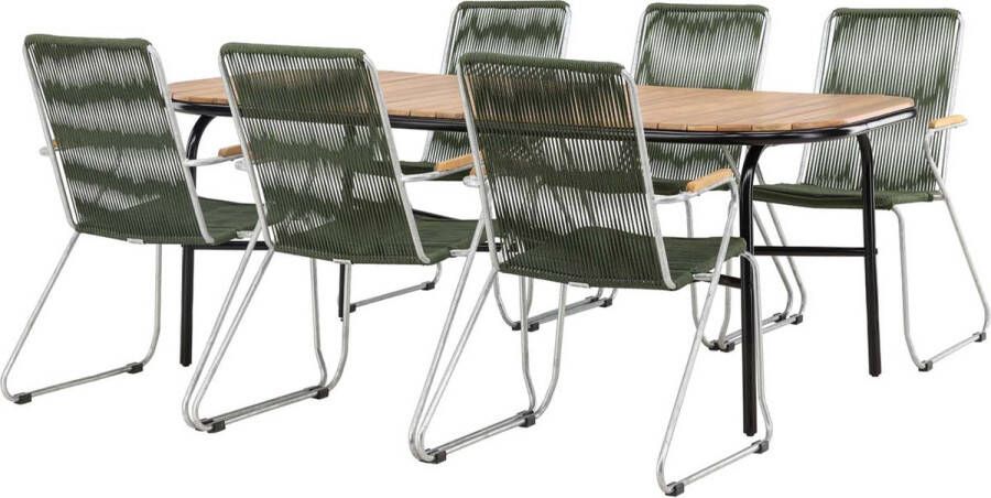 Hioshop Holmbeck tuinmeubelset tafel 90x200cm naturel 6 stoelen Bois groen