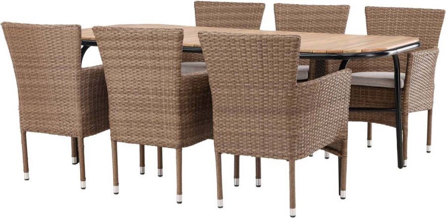 Hioshop Holmbeck tuinmeubelset tafel 90x200cm naturel 6 stoelen Malina naturel