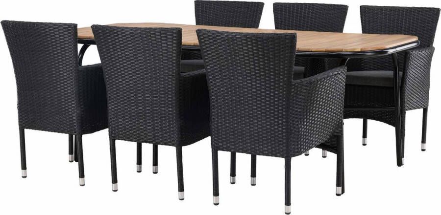 Hioshop Holmbeck tuinmeubelset tafel 90x200cm naturel 6 stoelen Malina zwart