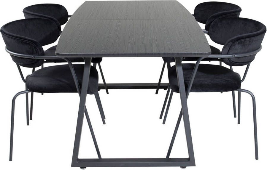 Hioshop IncaBLBL eethoek eetkamertafel uitschuifbare tafel lengte cm 160 200 zwart en 4 Arrow eetkamerstal velours zwart.