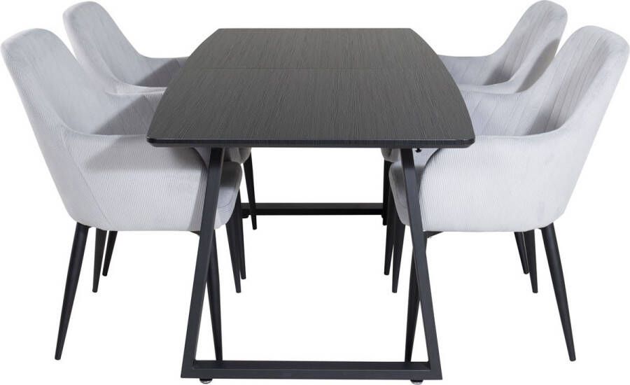 Hioshop IncaBLBL eethoek eetkamertafel uitschuifbare tafel lengte cm 160 200 zwart en 4 Comfort eetkamerstal PU kunstleer zwart