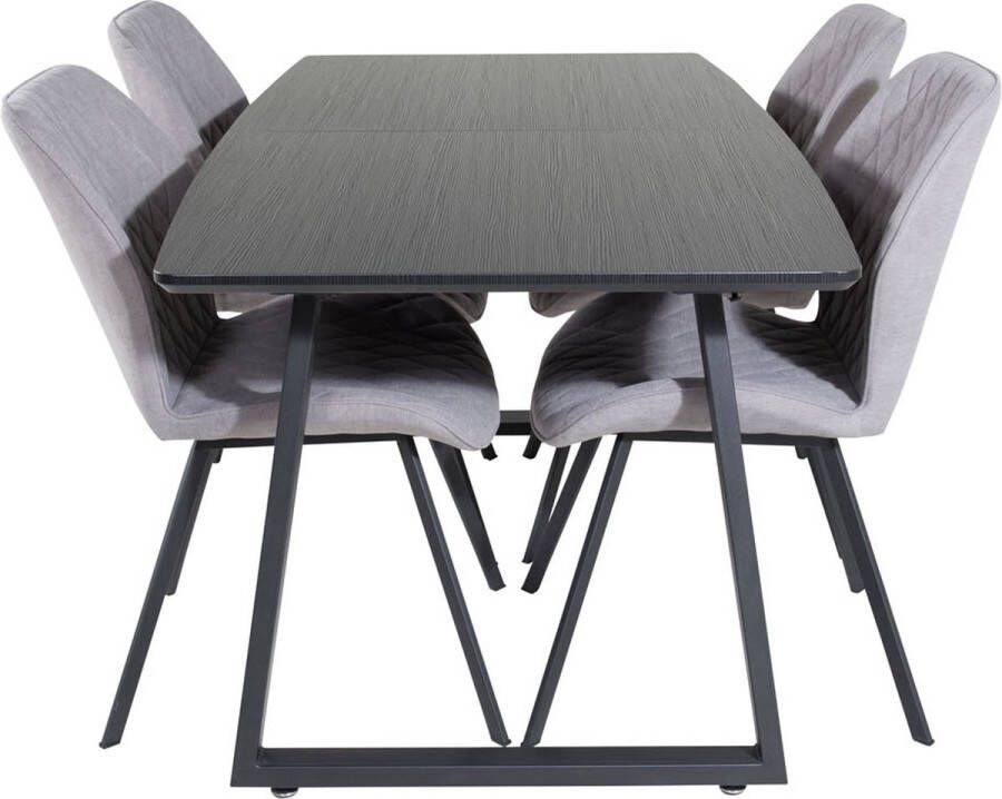 Hioshop IncaBLBL eethoek eetkamertafel uitschuifbare tafel lengte cm 160 200 zwart en 4 Gemma eetkamerstal zwart.