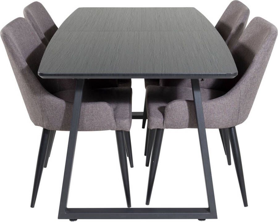Hioshop IncaBLBL eethoek eetkamertafel uitschuifbare tafel lengte cm 160 200 zwart en 4 Plaza eetkamerstal zwart.