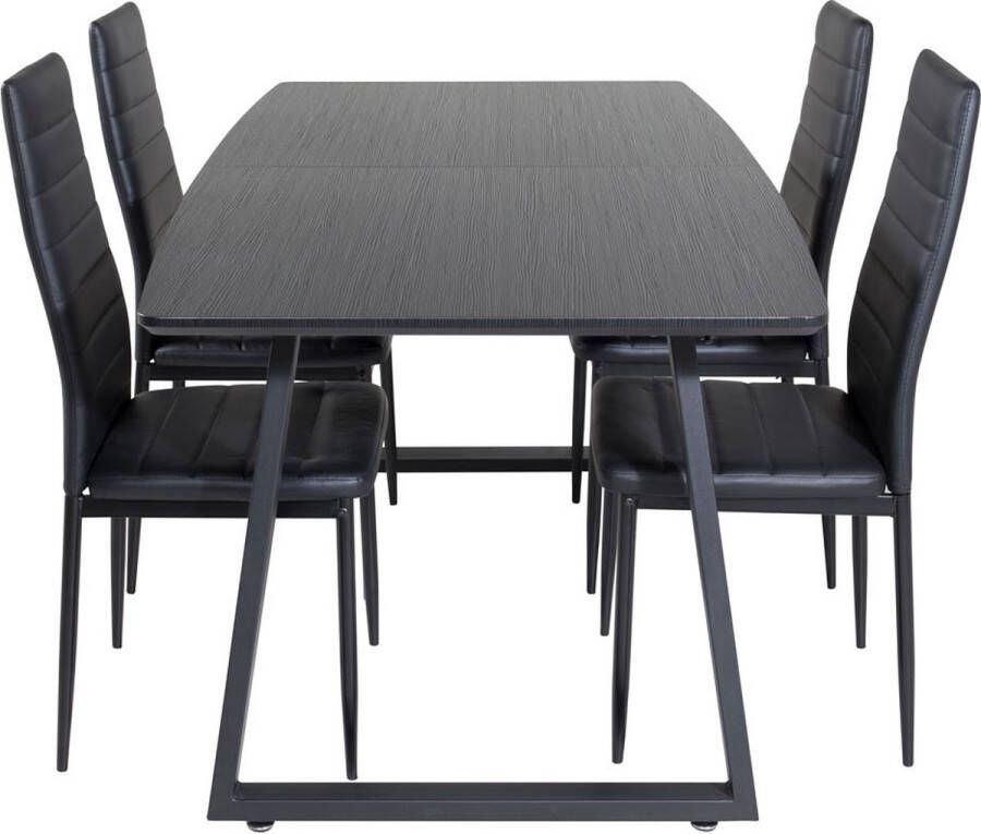 Hioshop IncaBLBL eethoek eetkamertafel uitschuifbare tafel lengte cm 160 200 zwart en 4 Slim High Back eetkamerstal PU kunstleer zwart