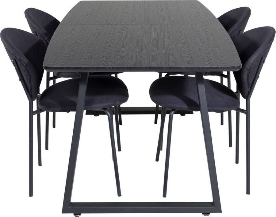 Hioshop IncaBLBL eethoek eetkamertafel uitschuifbare tafel lengte cm 160 200 zwart en 4 Vault eetkamerstal zwart.