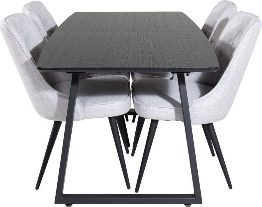 Hioshop IncaBLBL eethoek eetkamertafel uitschuifbare tafel lengte cm 160 200 zwart en 4 Velvet Deluxe eetkamerstal velours zwart