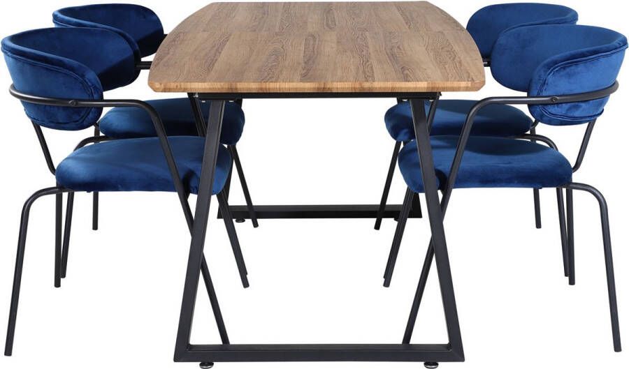 Hioshop IncaNABL eethoek eetkamertafel uitschuifbare tafel lengte cm 160 200 el hout decor en 4 Arrow eetkamerstal velours blauw