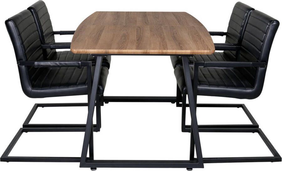 Hioshop IncaNABL eethoek eetkamertafel uitschuifbare tafel lengte cm 160 200 el hout decor en 4 Art eetkamerstal PU kunstleer bruin
