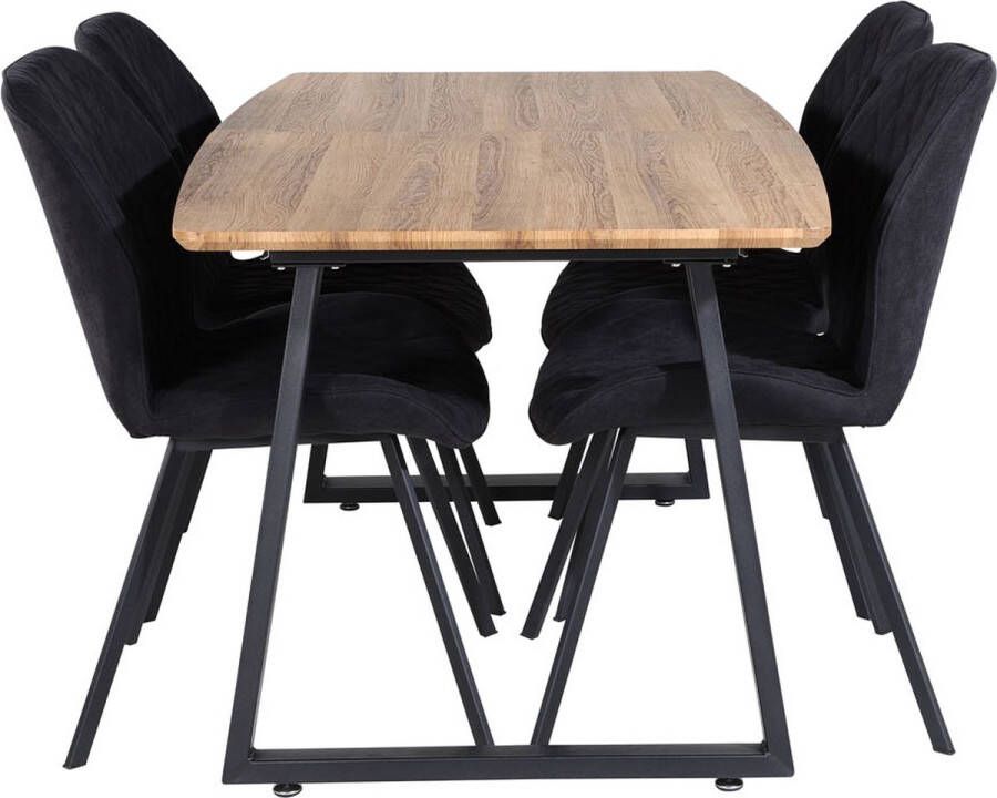 Hioshop IncaNABL eethoek eetkamertafel uitschuifbare tafel lengte cm 160 200 el hout decor en 4 Gemma eetkamerstal zwart.