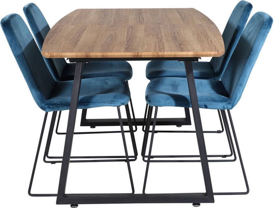 Hioshop IncaNABL eethoek eetkamertafel uitschuifbare tafel lengte cm 160 200 el hout decor en 4 Muce eetkamerstal velours blauw