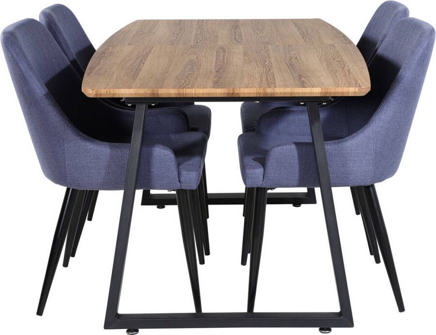 Hioshop IncaNABL eethoek eetkamertafel uitschuifbare tafel lengte cm 160 200 el hout decor en 4 Plaza eetkamerstal lichtgrijs zwart