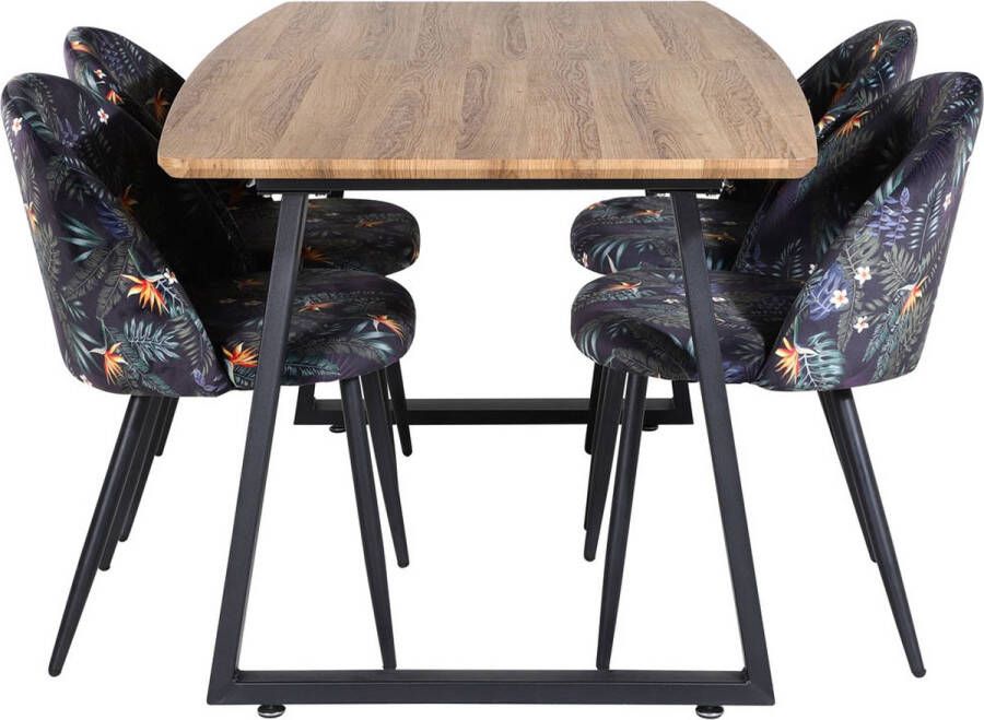 Hioshop IncaNABL eethoek eetkamertafel uitschuifbare tafel lengte cm 160 200 el hout decor en 4 Velvet Deluxe eetkamerstal zwart