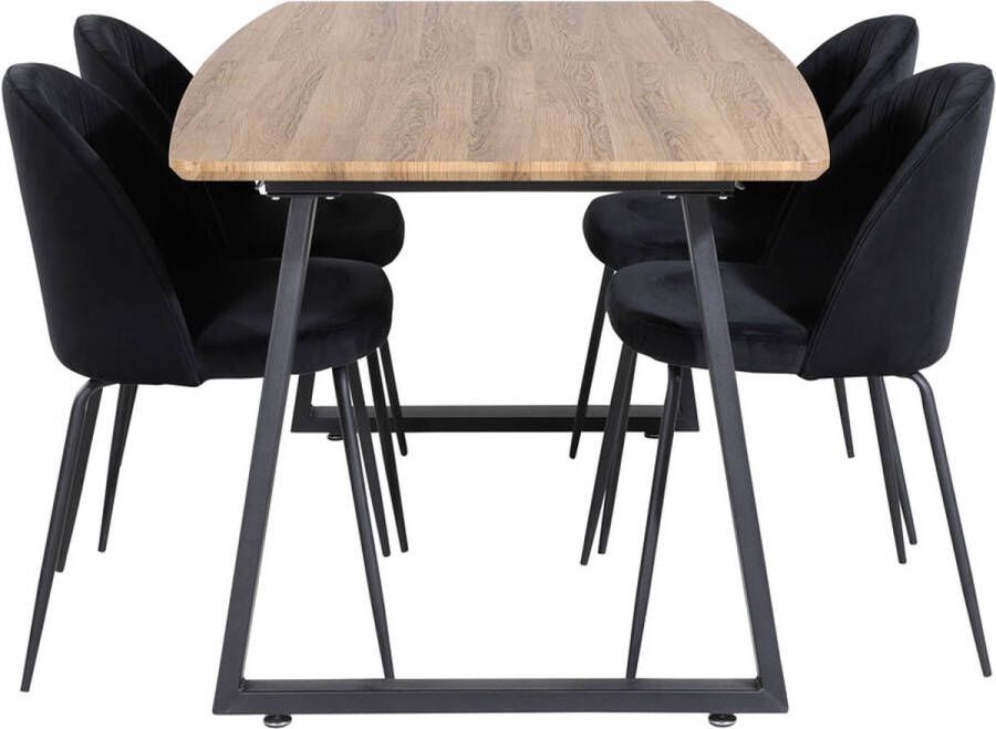 Hioshop IncaNABL eethoek eetkamertafel uitschuifbare tafel lengte cm 160 200 el hout decor en 4 Wrinkles eetkamerstal velours zwart