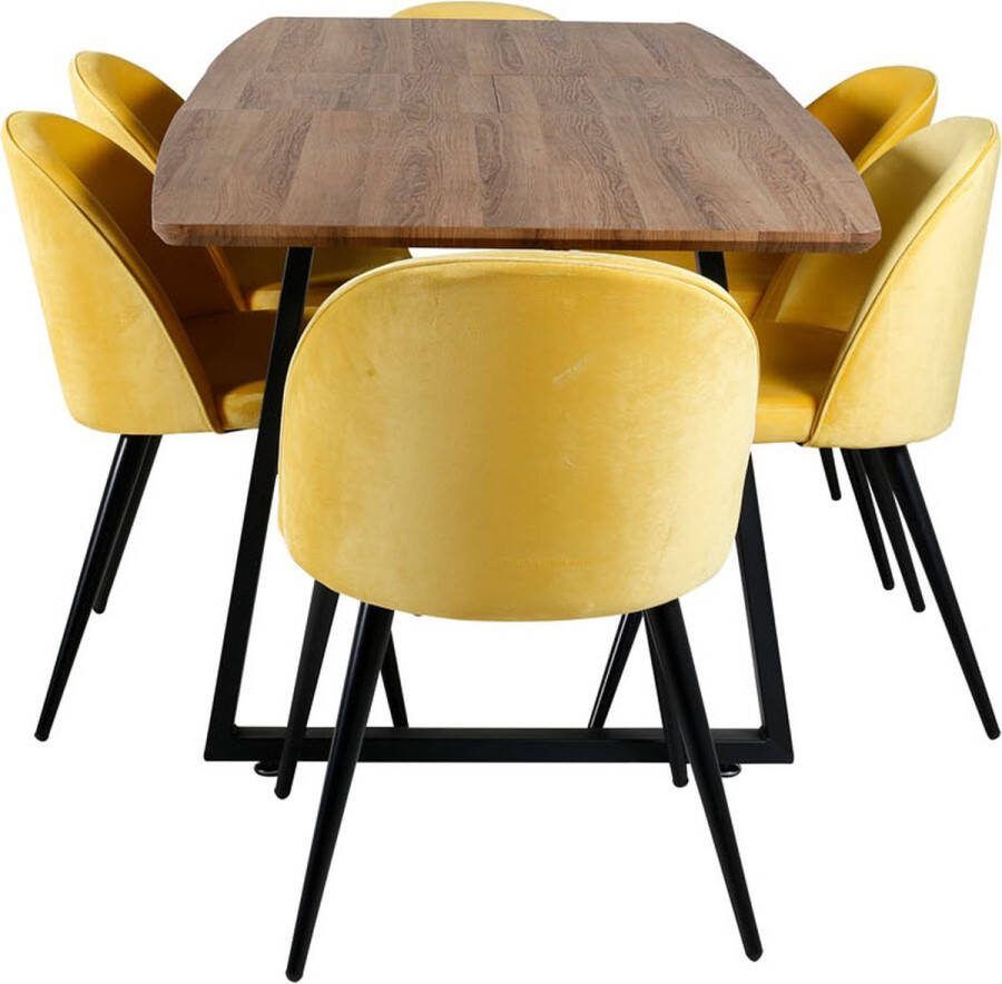 Hioshop IncaNABL eethoek eetkamertafel uitschuifbare tafel lengte cm 160 200 el hout decor en 6 Velvet eetkamerstal velours geel zwart
