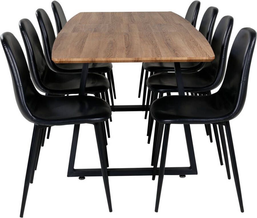Hioshop IncaNABL eethoek eetkamertafel uitschuifbare tafel lengte cm 160 200 el hout decor en 8 Polar eetkamerstal PU kunstleer bruin